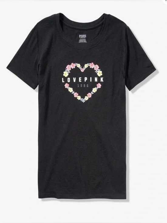 PINK Victoria’s Secret Love Heart Floral Logo Tee Shirt Top - XS - Black - Picture 1 of 10
